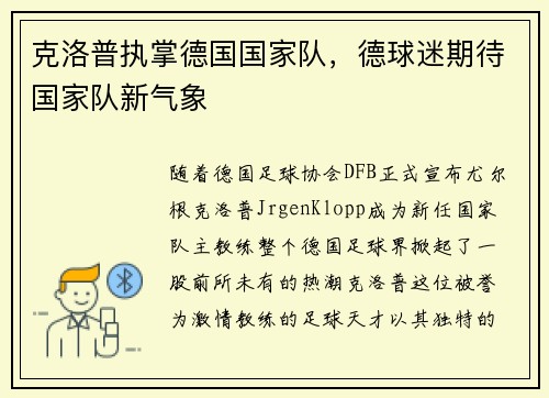 克洛普执掌德国国家队，德球迷期待国家队新气象