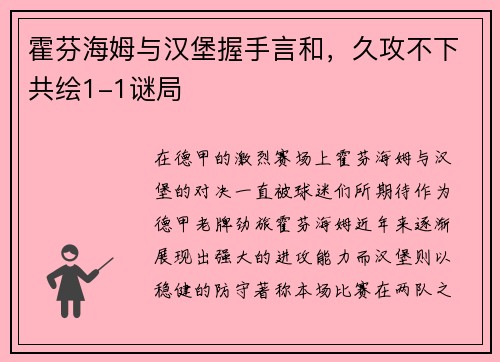 霍芬海姆与汉堡握手言和，久攻不下共绘1-1谜局